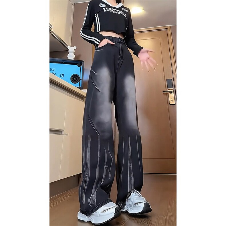 美式复古扎染牛仔裤女春秋款设计感小众裤子hiohop潮牌高街直筒裤图片