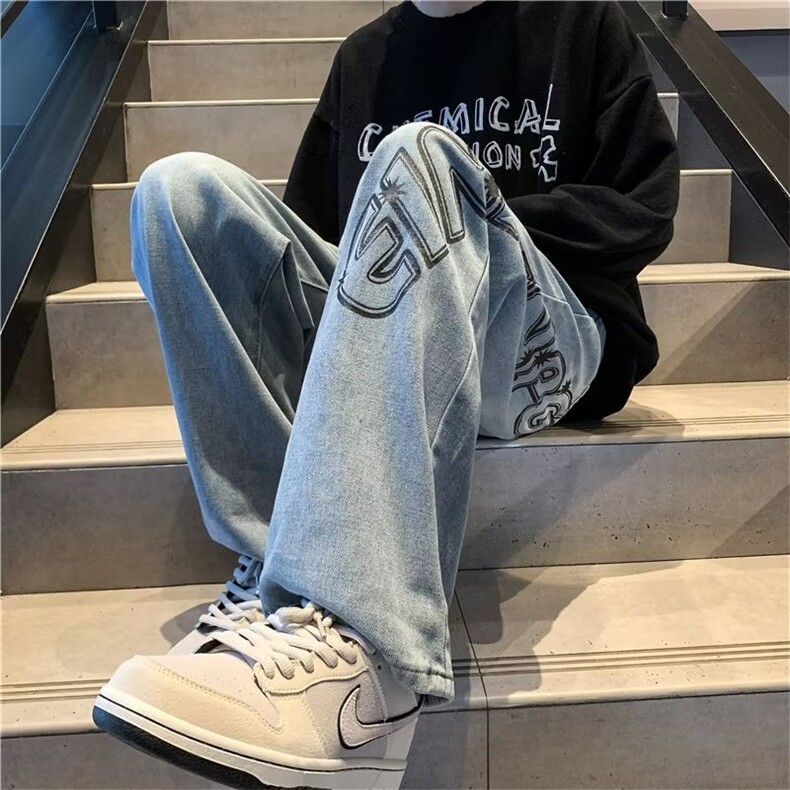 美式vibe风高街印花牛仔裤男宽松直筒阔腿裤潮牌老爹裤N1532-P45,男装牛仔裤,星座1008