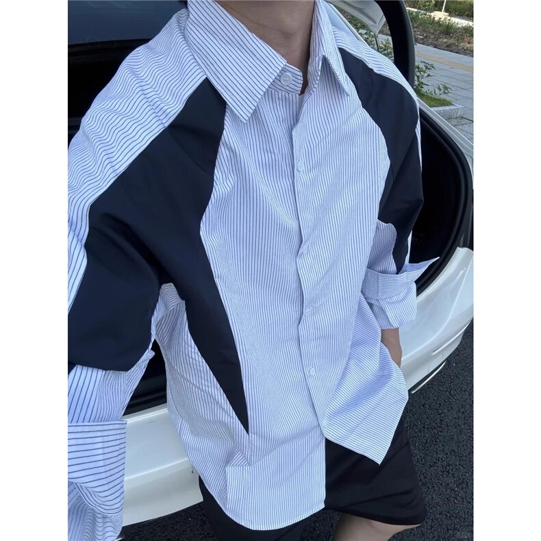 ZY48-P44潮牌解构设计感条纹长袖衬衫男女宽松休闲衬衣,男装衬衫,电商B323A