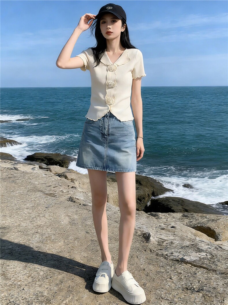 高级感时尚减龄套装女夏V领立体花朵短袖上衣蓝色牛仔短裙两件套,女装套装/套裙,江南