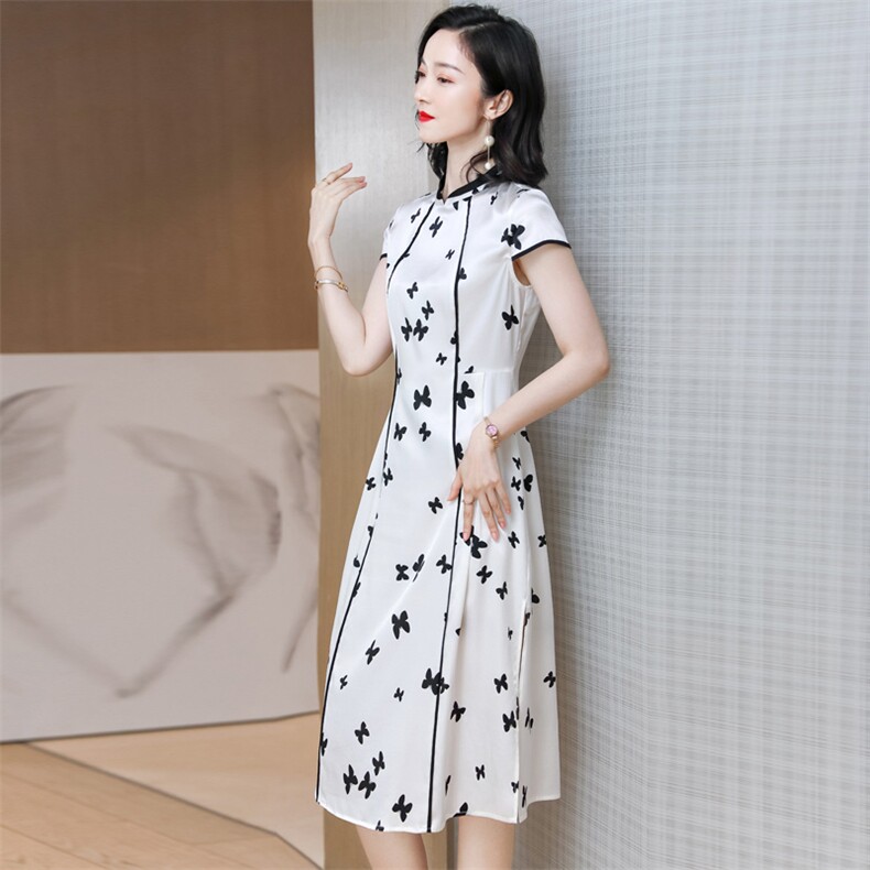 桑蚕丝夏季新款简约优雅气质拼接撞色半高领设计印花真丝连衣裙，女装连衣裙，阿舍尔精品