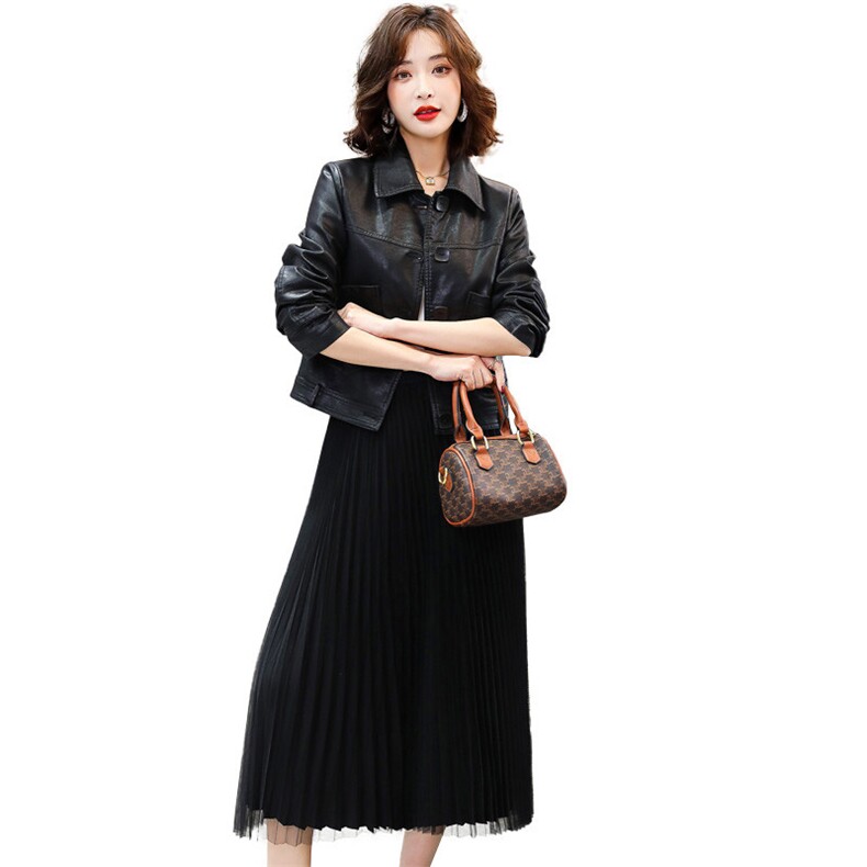 现货2022春季新款时尚气质显瘦潮流衬衫领皮衣外套女两件套图片