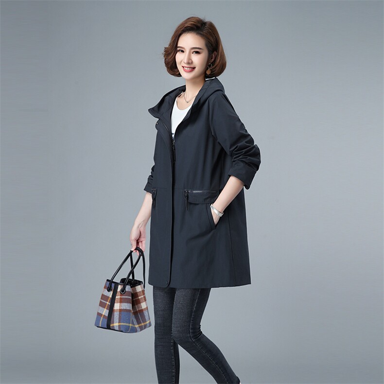 春秋女士风衣外套宽松连帽休闲拉链口袋中长款纯色527款,女装风衣,秋牧寒烟