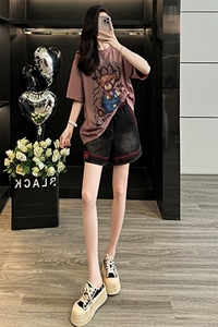 女夏季新款韩版时尚运动休闲套装卡通小熊圆领短袖宽松短裤两件套图片