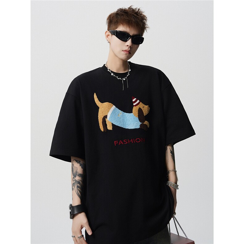 wassuphappy腊肠狗短袖t恤男夏季潮流刺绣宽松上衣服休闲五分袖,男装T恤,电商B370