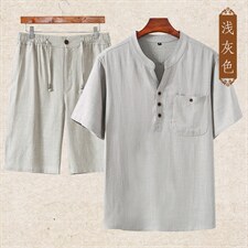 主推款高端夏季男士唐装中年棉麻套装中老年高品质亚麻短袖T恤，男装中老年男装，钱塘723