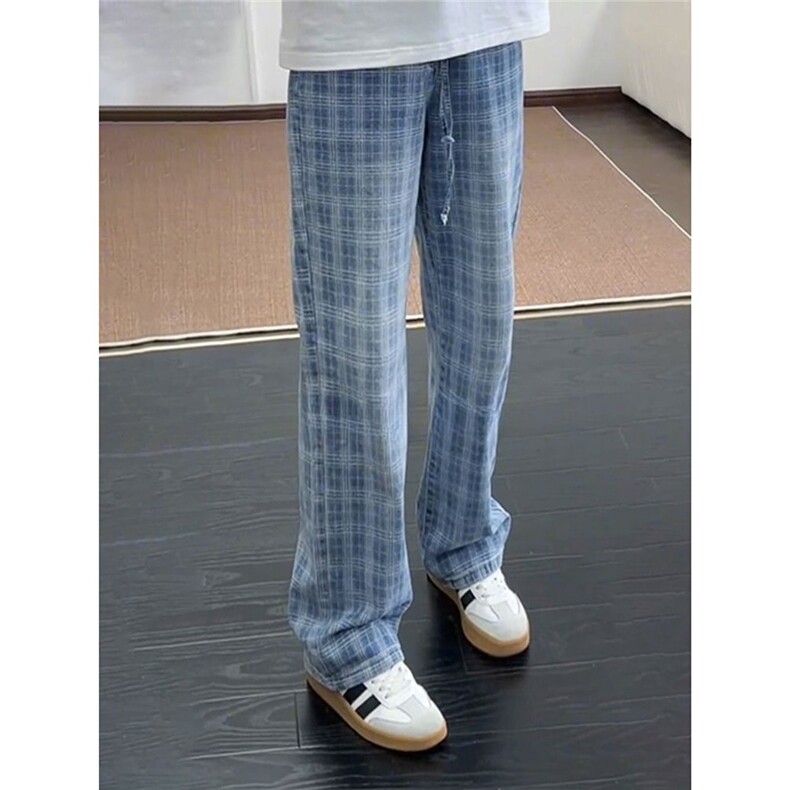 蓝格子半松紧腰微喇牛仔裤NNC433，男装牛仔裤，星座208-5