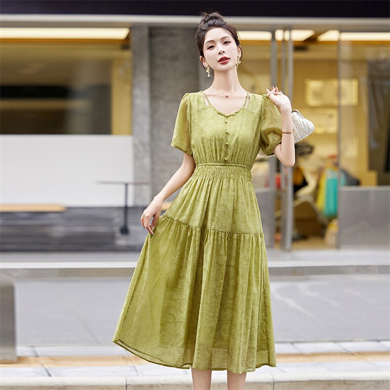 时尚气质优雅短袖连衣裙女2025夏季新款收腰显瘦休闲长裙,女装连衣裙,曼琳思菲
