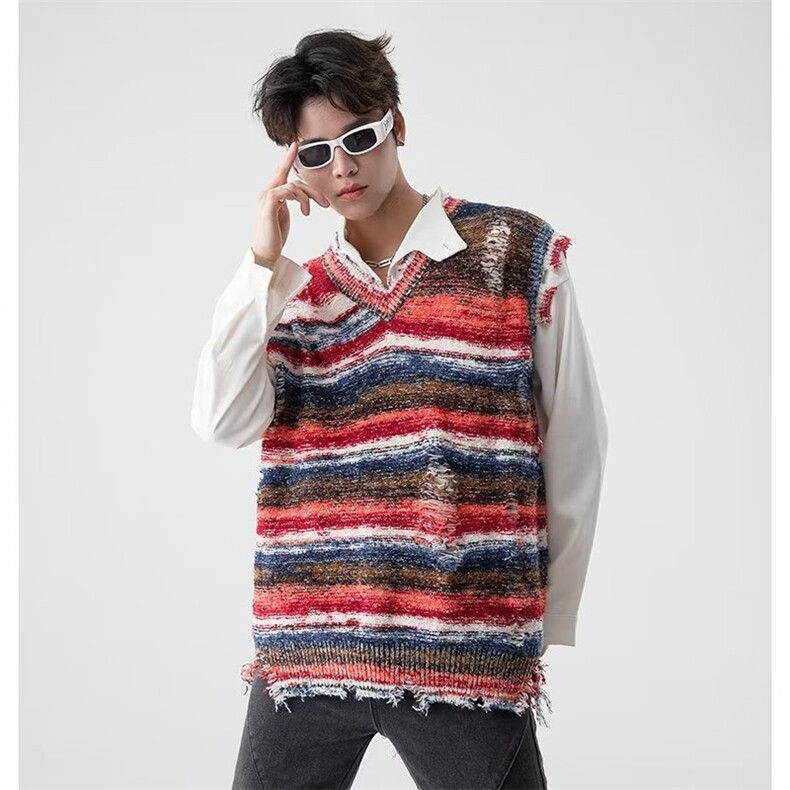 港风复古渐变V领针织背心男生宽松百搭慵懒无袖坎肩马甲M136p50，男装背心/马甲，星座1013