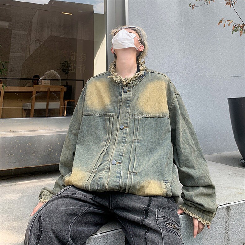 美式高街渐变牛仔外套男秋宽松百搭情侣毛边立领夹克JK02214-P62图片
