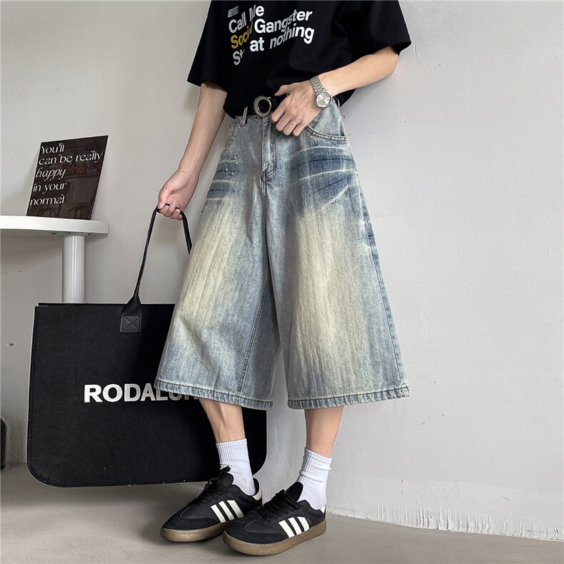 2025新款阔腿七分牛仔裤柳钉设计感宽松直筒中裤现货K8567-P42，男装牛仔裤，星座512-3