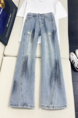 B221美式ins高街暗黑喷墨宽松弯刀牛仔裤LK25545-特P45控78，男装牛仔裤，电商B221