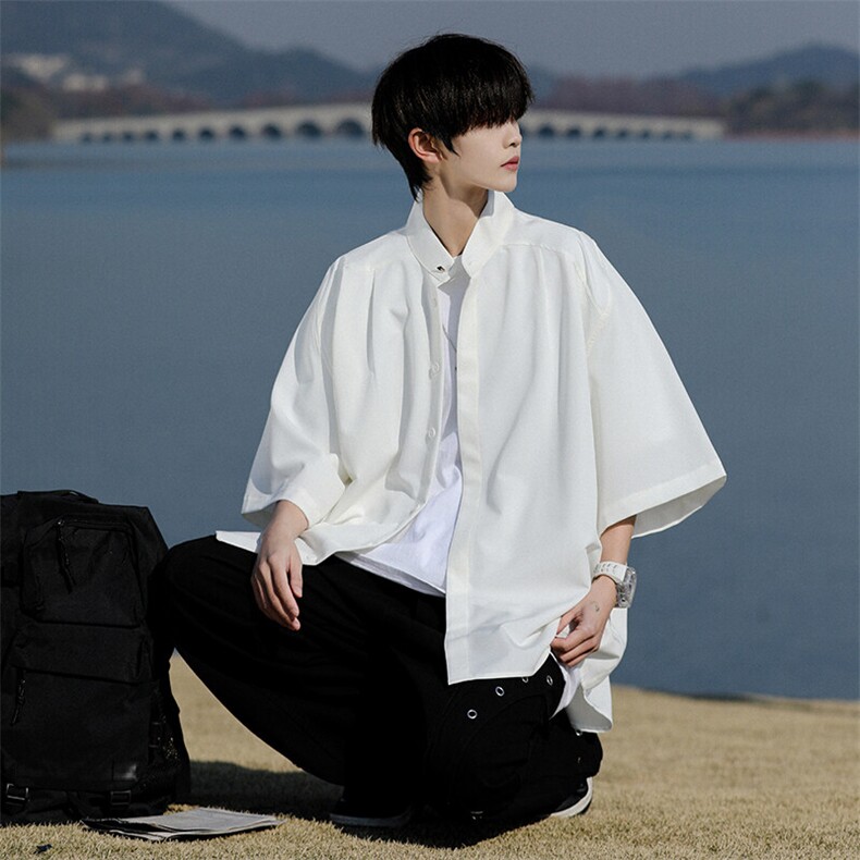 8XL-M中山领新中式短袖衬衫大码痞帅休闲半袖垂感衬衣DC5002/P50,男装衬衫,电商B238
