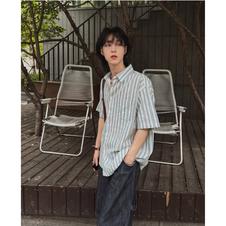 2025新款韩版潮流男士衬衣时尚条纹短袖衬衫905P45,男装衬衫,星座710