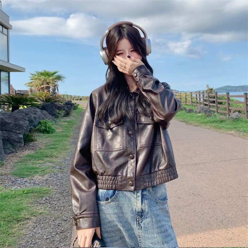 【现货主推】复古宽松棕色PU皮衣外套女2025秋季新款高级质感1387,女装皮衣,欣美人