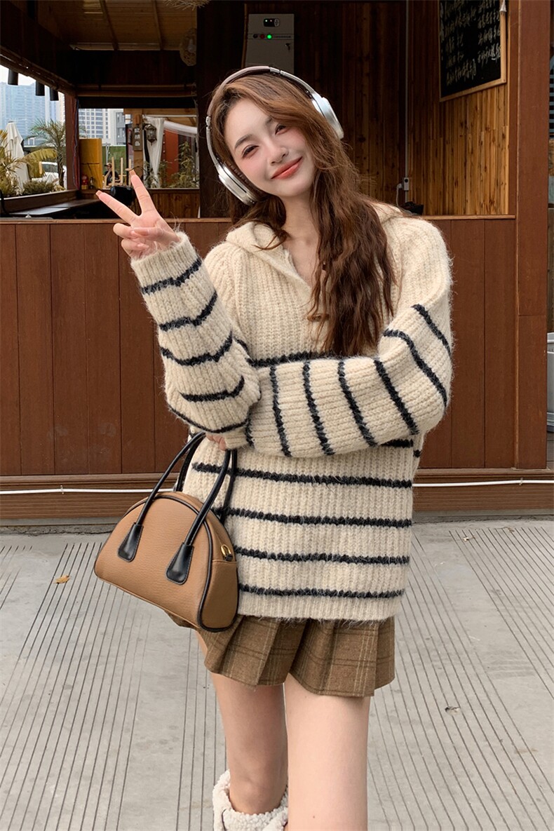 韩版休闲保暖连帽羊毛衫上衣女2025春秋季新款显瘦减龄学院风毛衣,针织衫/毛衣,蝶眷