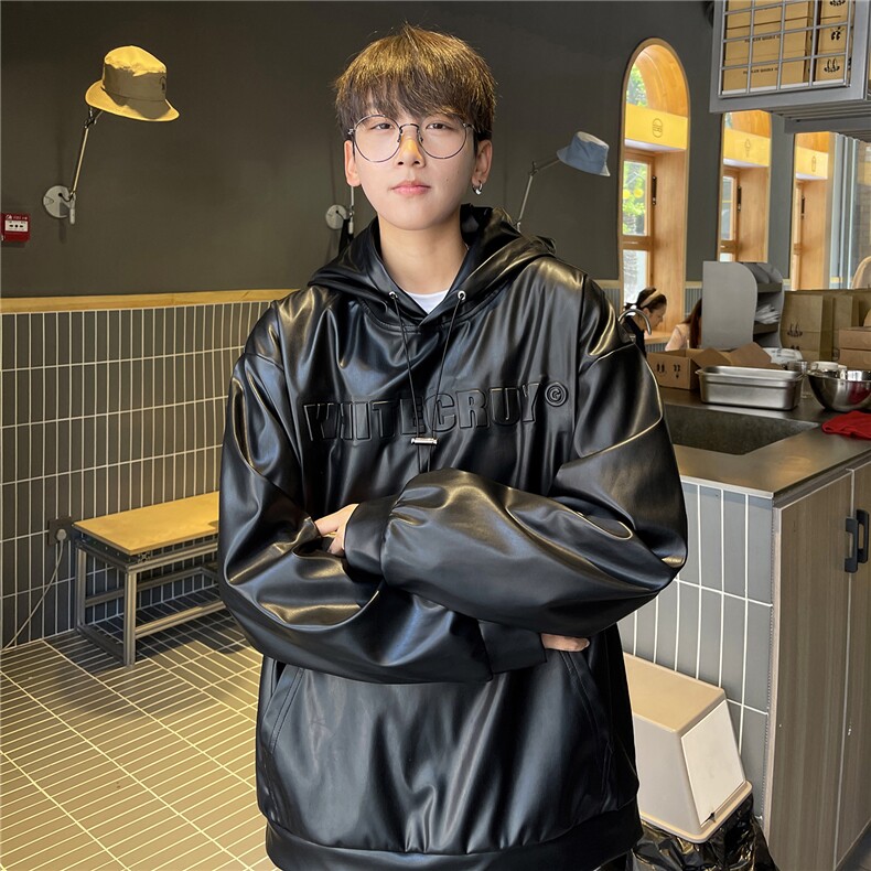 港风秋装潮美式复古压印立体情侣卫衣PU皮衣外套男女G1066P78,男装皮衣,电商A339