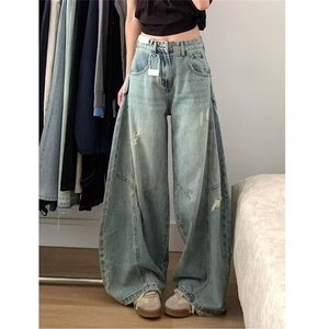 美式磨破阔腿牛仔裤女2025秋季新款高腰宽松显瘦遮胯弯刀拖地裤子图片