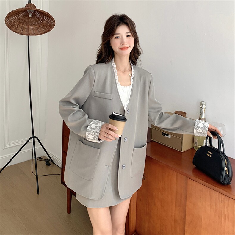 灰色气质休闲西装套装女2025春季新款蕾丝拼接西服上衣短裙两件套,女装套装/套裙,2D078