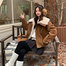 翻领麂皮绒短外套女加厚2025冬季新款小个子毛领保暖夹克皮毛一体，女装短外套，慧尚2-185