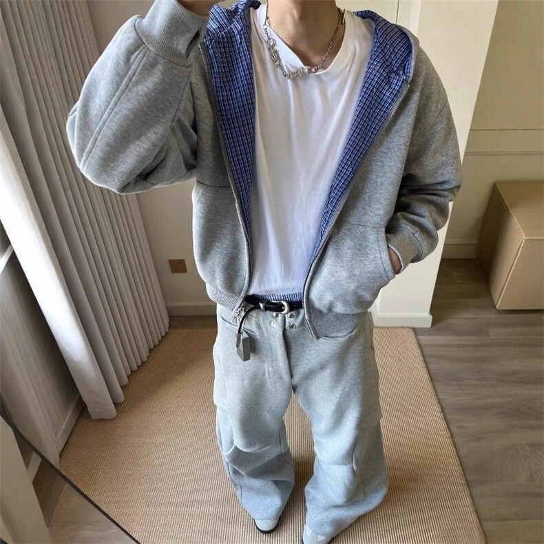 双面穿蓝格纹帅气卫衣男秋季cleanfit短宽百搭拉链开衫外套,女装短外套,四季星座505