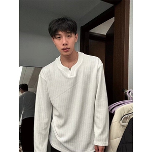 纯色提花肌理感V领卫衣男春秋季痞帅高级感内搭打底衫重磅长袖t恤图片