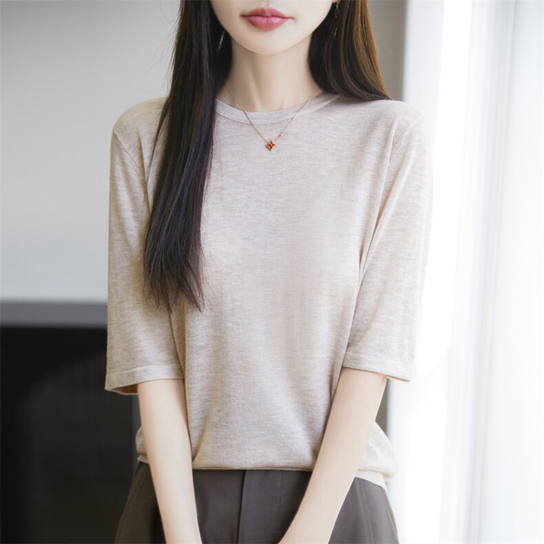 春夏水溶精纺羊毛针织五分袖女圆领上衣短袖T恤宽松显瘦半袖打底,针织衫/毛衣,暖烁特种纱工厂店