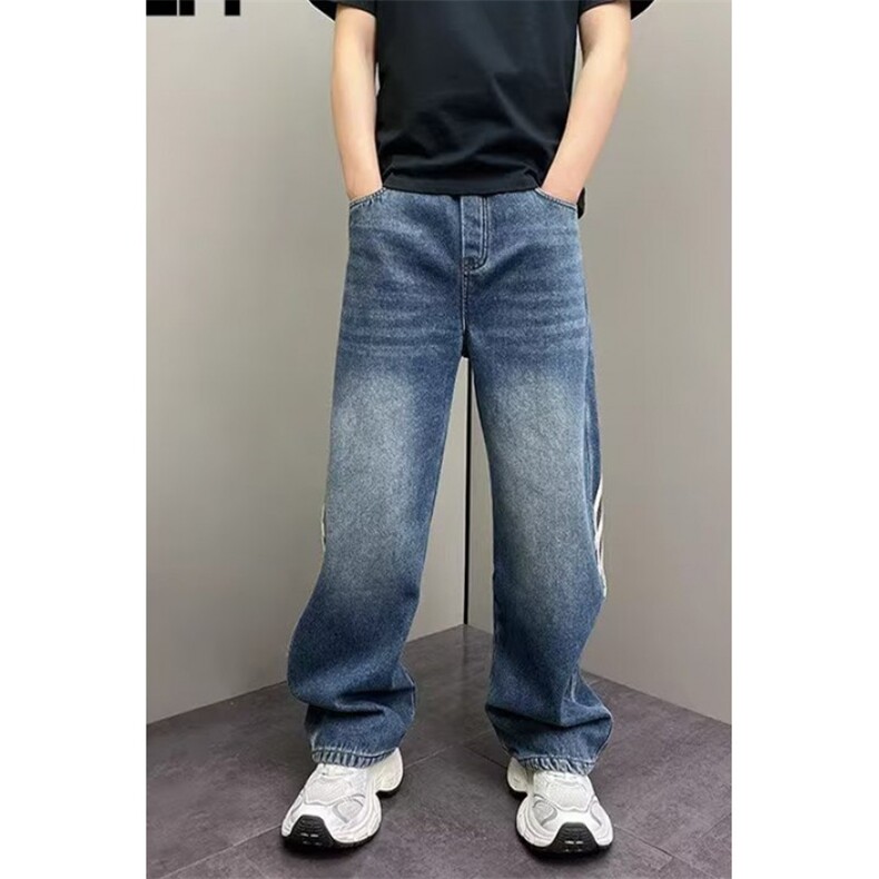 水洗条纹拼接弯刀牛仔裤男ins潮牌宽松阔腿裤高街长裤子NB833,男装牛仔裤,星座1116A（原606A-3）