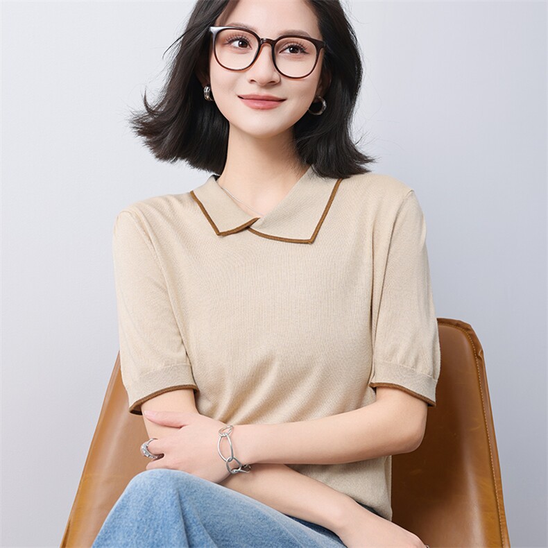 夏季不规则娃娃领针织短袖T恤女2025新设计感莱赛尔冰丝翻领小衫,女装T恤,冀清阳荣