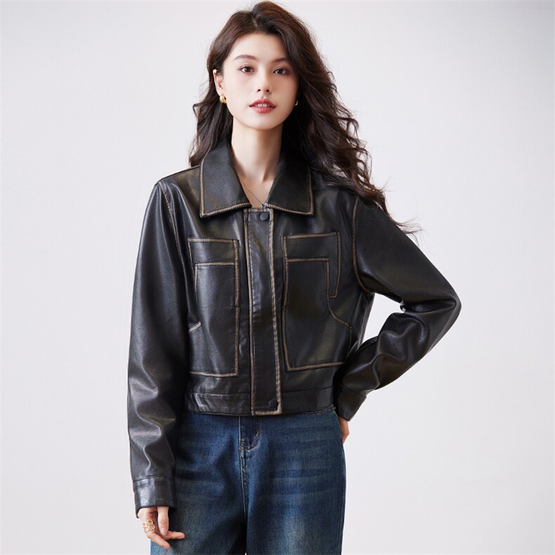 复古短款机车皮衣外套女春季2024新款宽松炸街小个子pu皮夹克上衣,女装皮衣,潮流依族