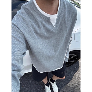华夫格长袖T恤男秋季假两件休闲打底衫美式复古卫衣TW61-P33图片