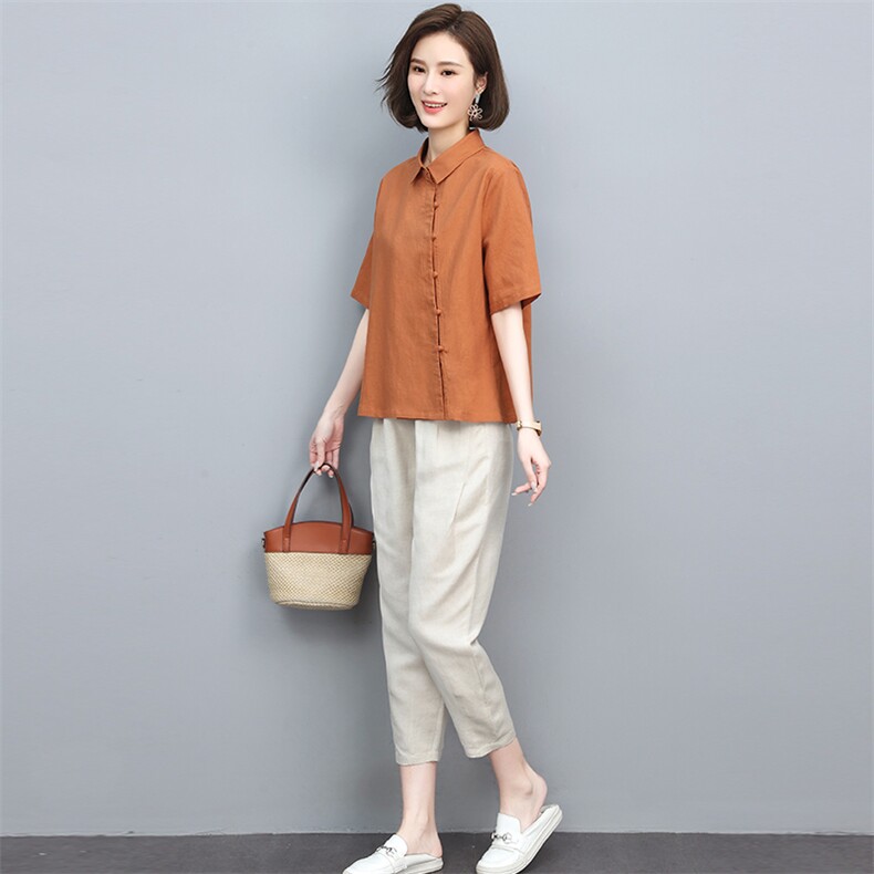 时尚休闲套装女2025新款夏装薄款棉麻翻领韩版宽松显瘦洋气两件套,女装套装/套裙,忆绮罗