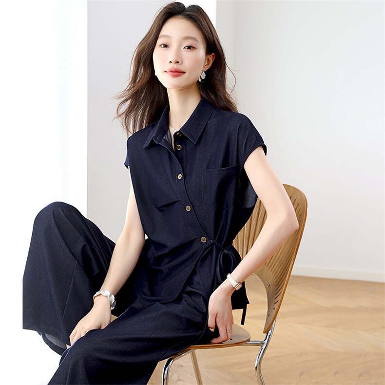 时尚休闲套装女2025夏季新款设计感洋气衬衫阔腿裤超火气质两件套,女装套装/套裙,婷思杰（原婷想服饰）