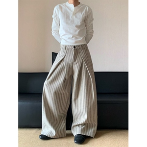 1506/QH2400/P54帛跃高级感竖条纹毛呢褶皱通勤阔腿西裤男图片