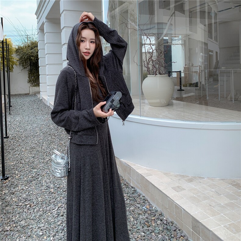 灰色慵懒风连帽卫衣开衫吊带连衣裙套装女春秋新款随性显瘦两件套,女装套装/套裙,2C327
