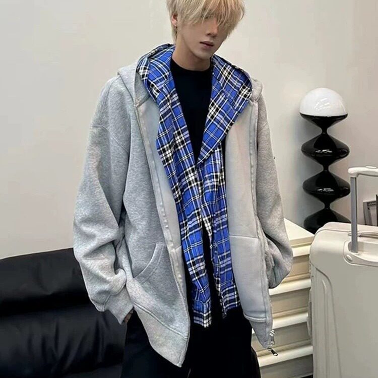 假两件格子开衫卫衣男春秋设计感初秋穿搭慵懒风开衫外套MY131,女装短外套,星座1116A（原606A-3）