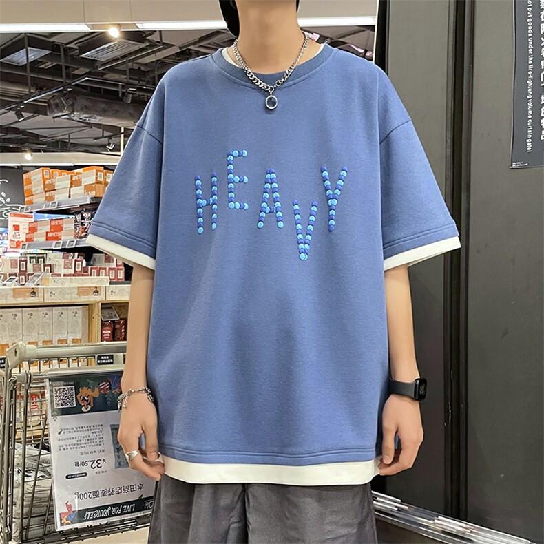 新款夏季短袖珠地面料宽松刺绣印花假两件男士T恤ZDY3416-P49,男装T恤,星座717