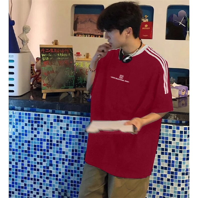 夏季美式高街重磅纯棉三条杠织带撞色男女短袖T恤ZD646-特P30图片