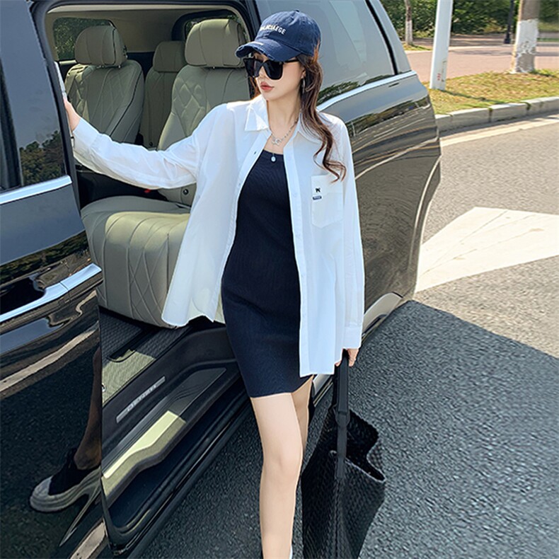 春季新款时尚休闲简约女装宽松显瘦纯色百搭单排扣翻领中长款衬衣,女装衬衫,江南