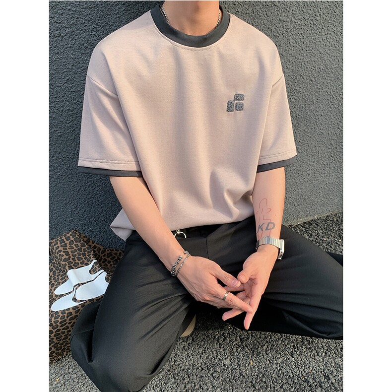 250克液氨棉拼接撞色字母刺绣小众设计感夏季短袖T恤男P33,男装T恤,电商C306-1