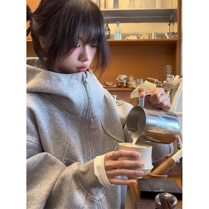 复古卫衣女2025秋冬季小个子慵懒风休闲加厚连帽开衫外套 W31图片