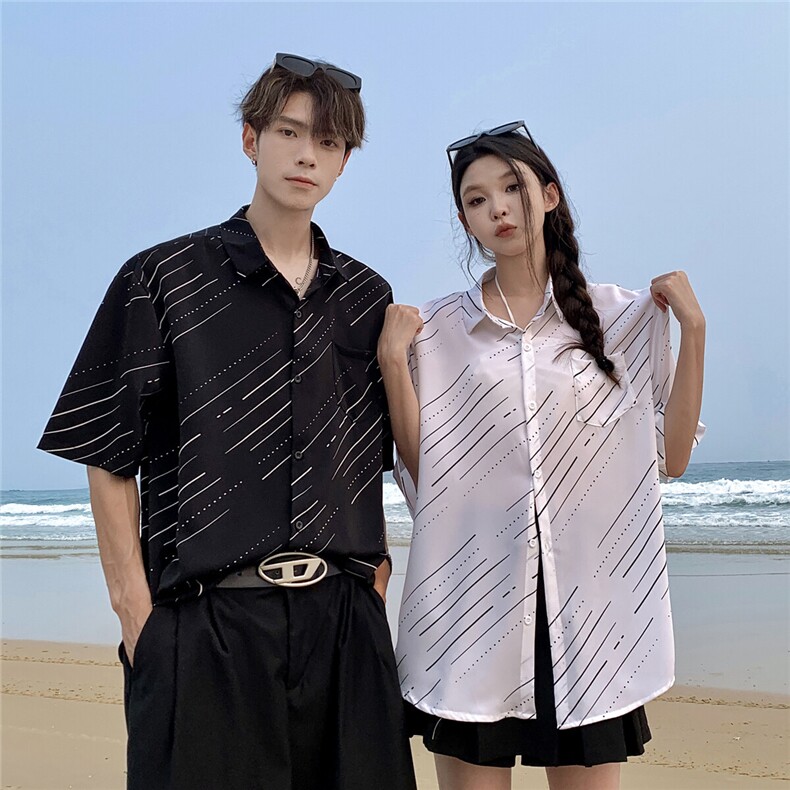 EQ407条纹冰丝夏威夷风情侣装衬衫男女沙滩旅游度假短袖衬衣，男装衬衫，电商C306-1