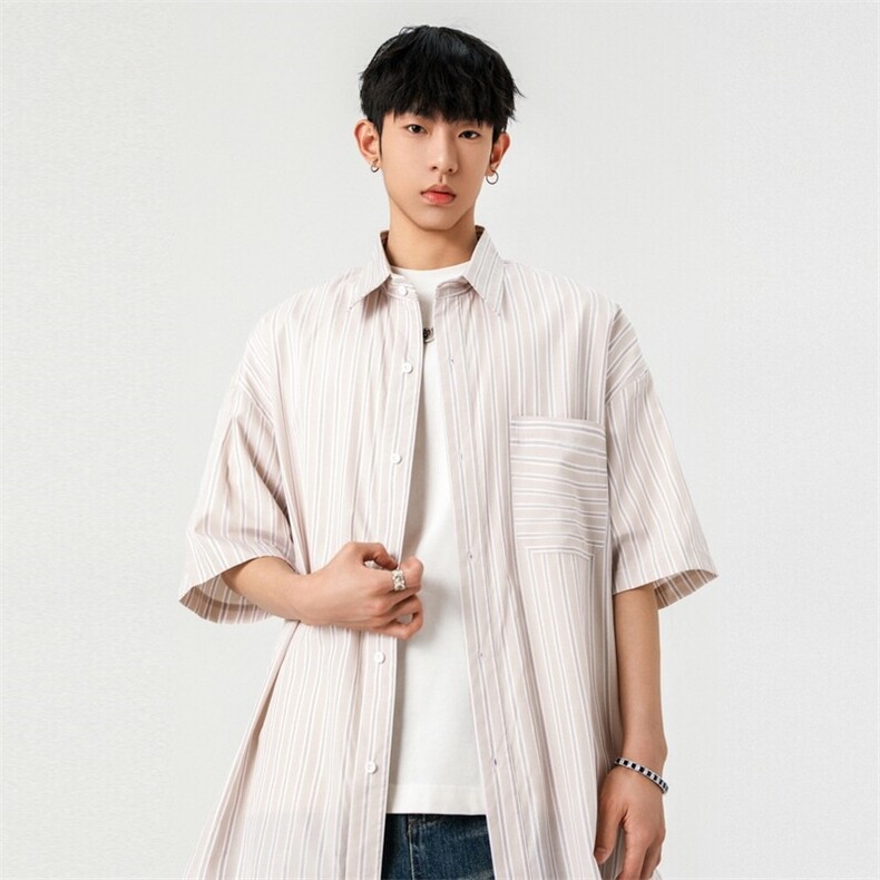 美式休闲2025夏季新原创宽松潮流条纹短袖衬衫男A406C5327特P45,男装衬衫,星座309（原A406）