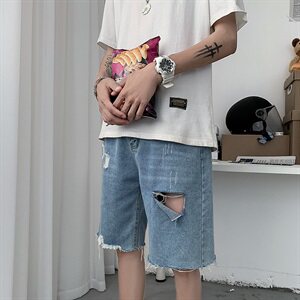现货主推 夏季牛仔裤男宽松直筒破洞毛边港风五分短裤D图片