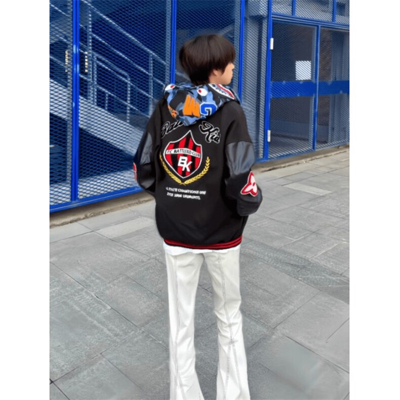 潮高街徽章刺绣pu皮拼接夹克男女青少年学生百搭潮流棒球服外套,男装夹克,四季星座505