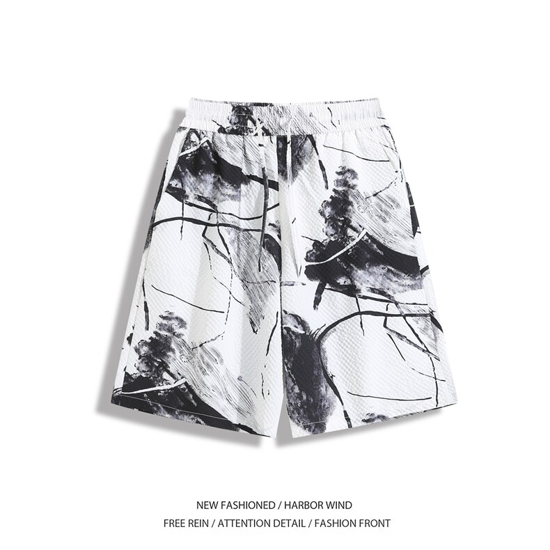 新中式国风水墨画短裤男夏季潮牌泡泡格宽松直筒大码运动五分裤子，男装牛仔裤，电商B315