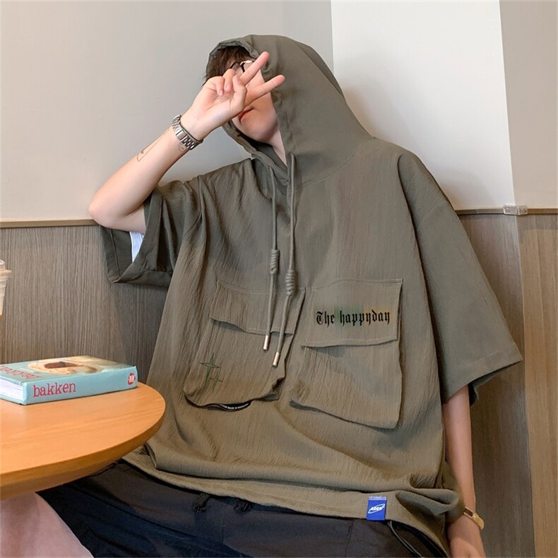 DSA028-MQA2330P38夏季复古潮牌连帽工装短袖男百搭休闲卫衣,男装T恤,电商A028