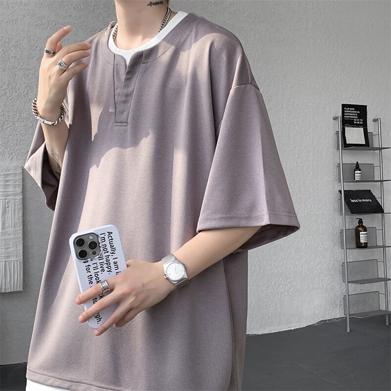 8XL-M重磅斜纹假两件短袖t恤男夏季薄款宽松大码半袖体恤DT006P45图片