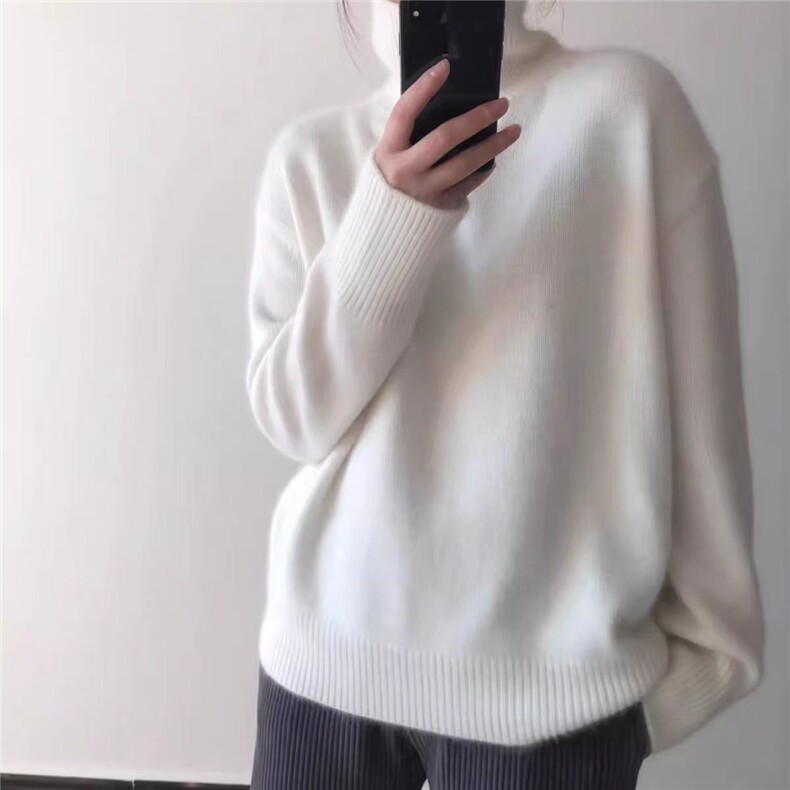 秋季新款舒适显瘦时尚百搭奶奶灰高领毛衣女宽松慵懒风针织衫,女装羊毛衫,恒恩羊绒