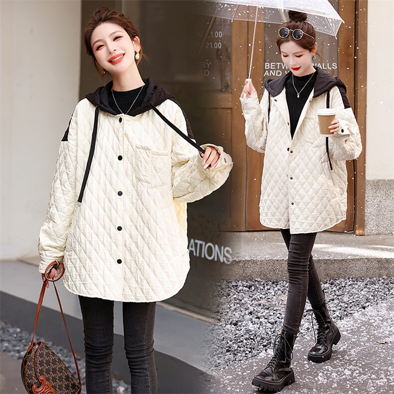 2023冬装新款设计感宽松显瘦帽菱格夹棉短外套，女装棉衣/棉服，橙子家